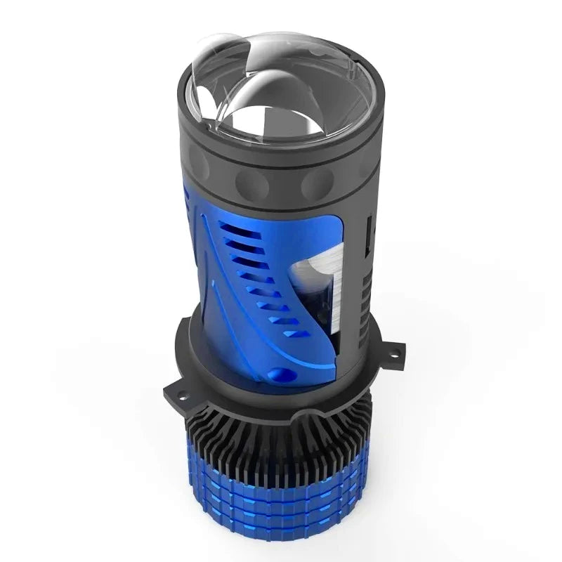 LED headlight bulb with integrated lens, blue body, black heatsink and side bracket