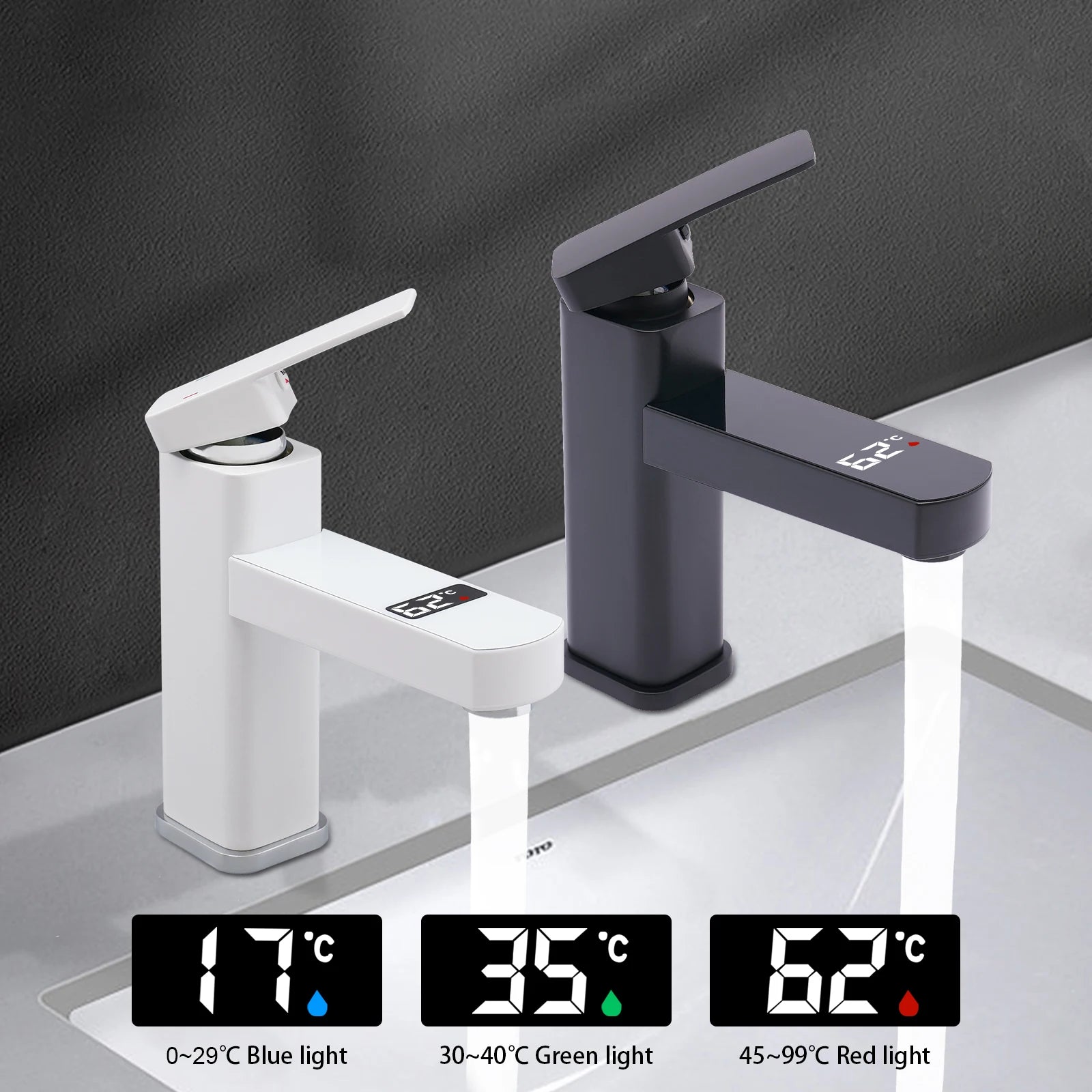 Black/White LED's Smart 0-99°C Temperature Digital Display Faucet 10.5*17.5cm G1/2" Deck Mount Basin Faucet