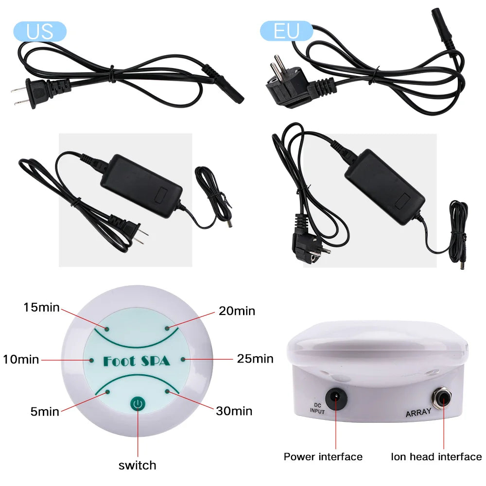 Ionic detox foot spa machine with timer settings, power adapters, and ion array ports for home health relaxation.