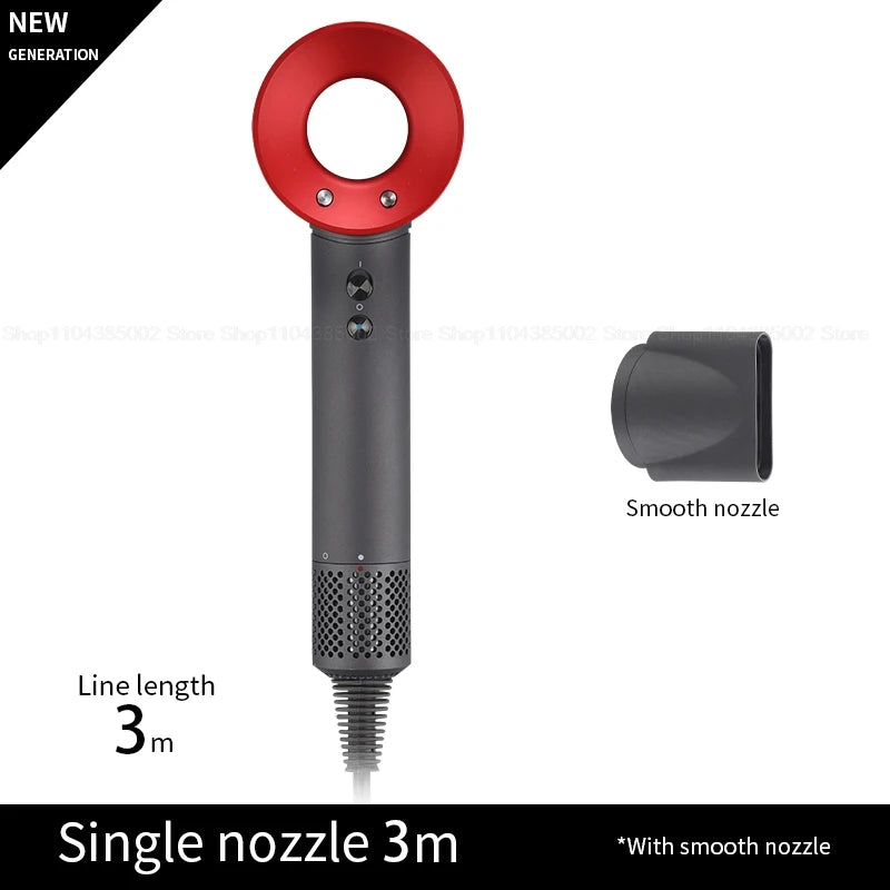 Professional leafless hair dryer in red and grey with smooth nozzle attachment, 3m cord, and quick-dry ion technology.