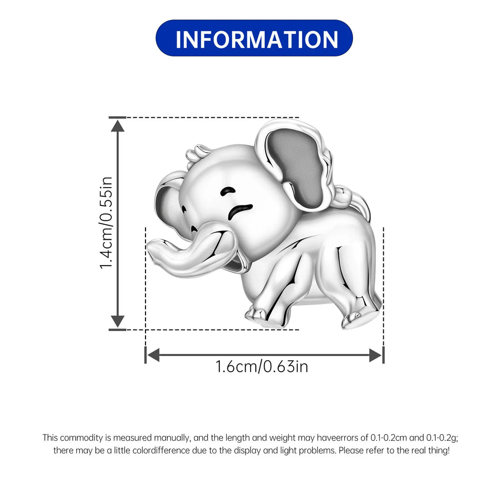 Cute sterling silver elephant charm bead for DIY bracelets, 1.4x1.6cm animal-themed jewelry gift for pet lovers.