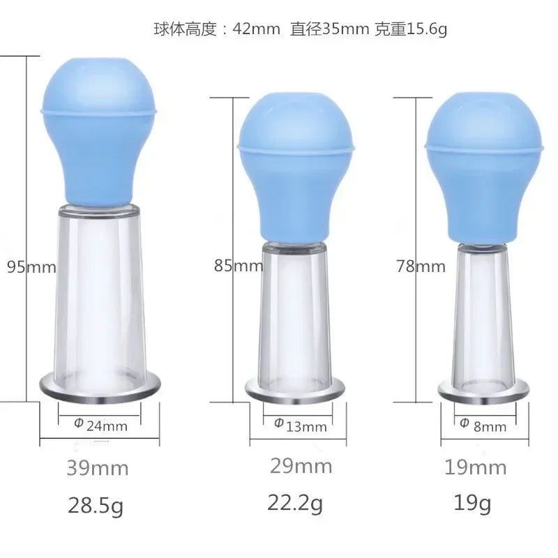 Three blue and clear vacuum facial massage cups of varying sizes, shown with their dimensions and weights.