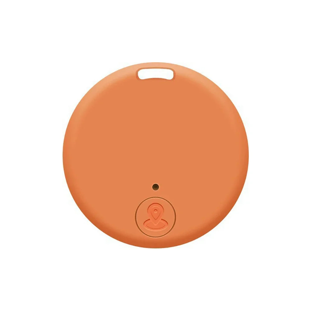 Orange mini Bluetooth GPS pet tracker tag for tracking dogs, cats, keys, and bags. Anti-lost smart finder device.