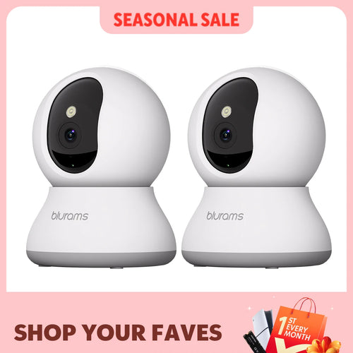 Two-pack indoor security cameras with white dome housings and black front lens panels.