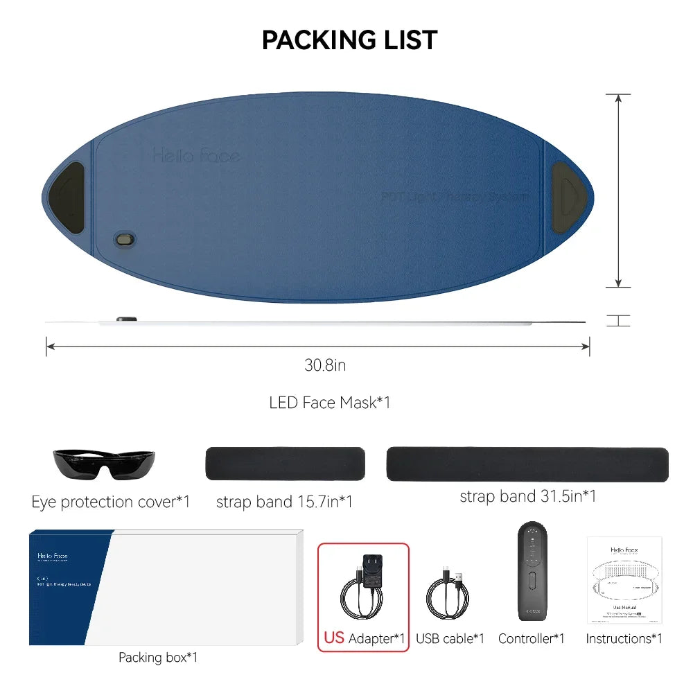 Packing list for a blue, oval-shaped LED light therapy mask with controller, power adapter, cables, and accessories.