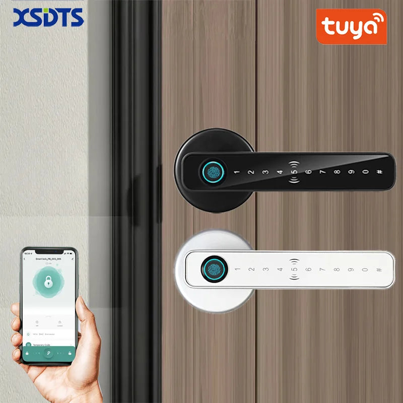 XSDTS Smart Door Lock Electronic Biometric Fingerprint Smart Card Password Key Unlock USB Tuya APP Emergency Charge lock
