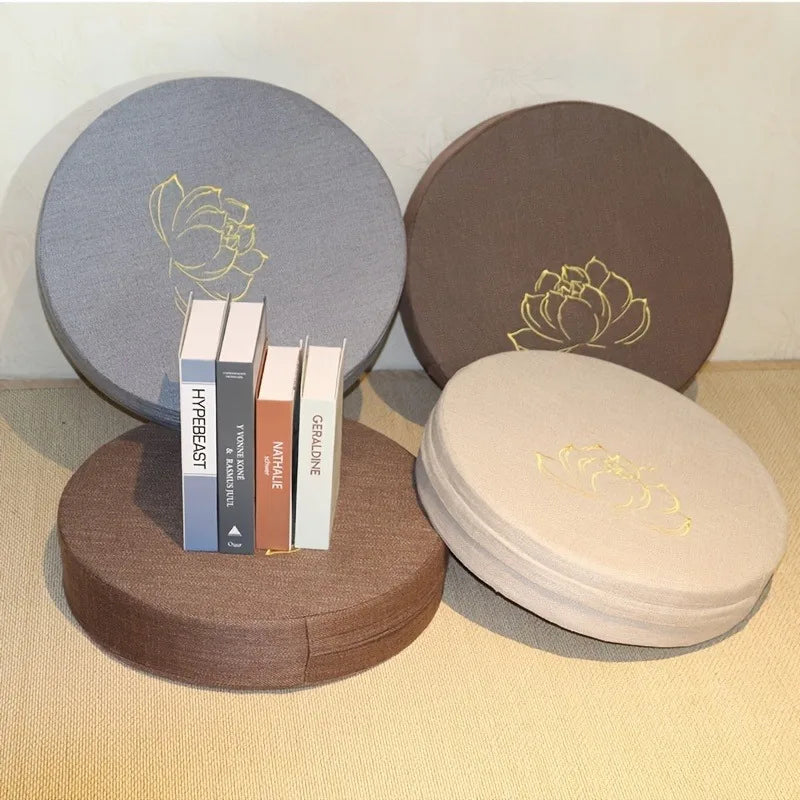 Handmade Embroidered Round Meditation Cushion Linen Yoga Seat with Foam Cotton Filling Non Slip Prayer Pillow