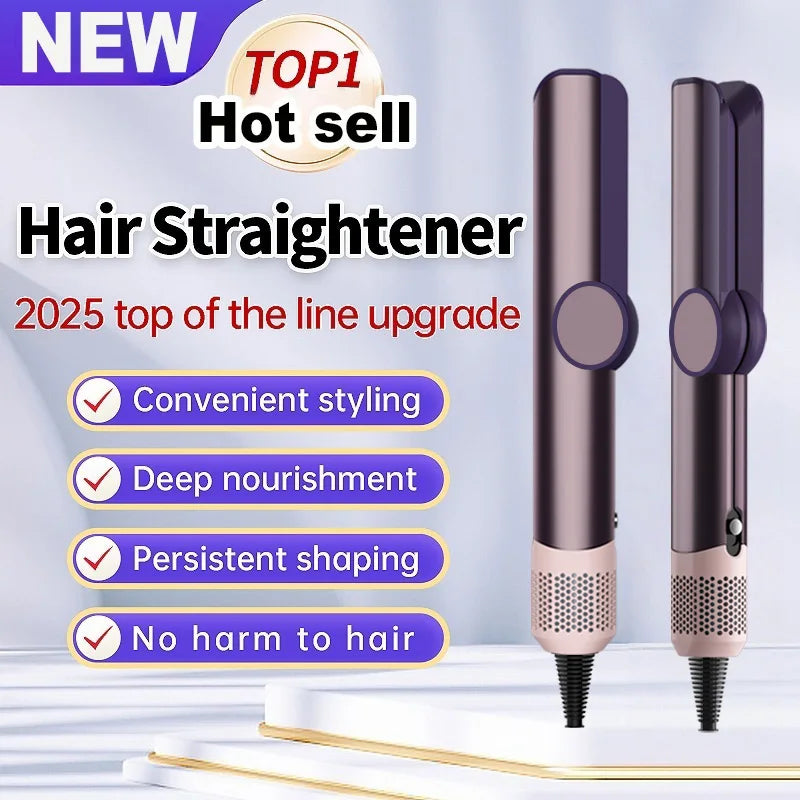 Purple and rose gold negative ion hair straightener and dryer styling tool for professional salon-quality hair.