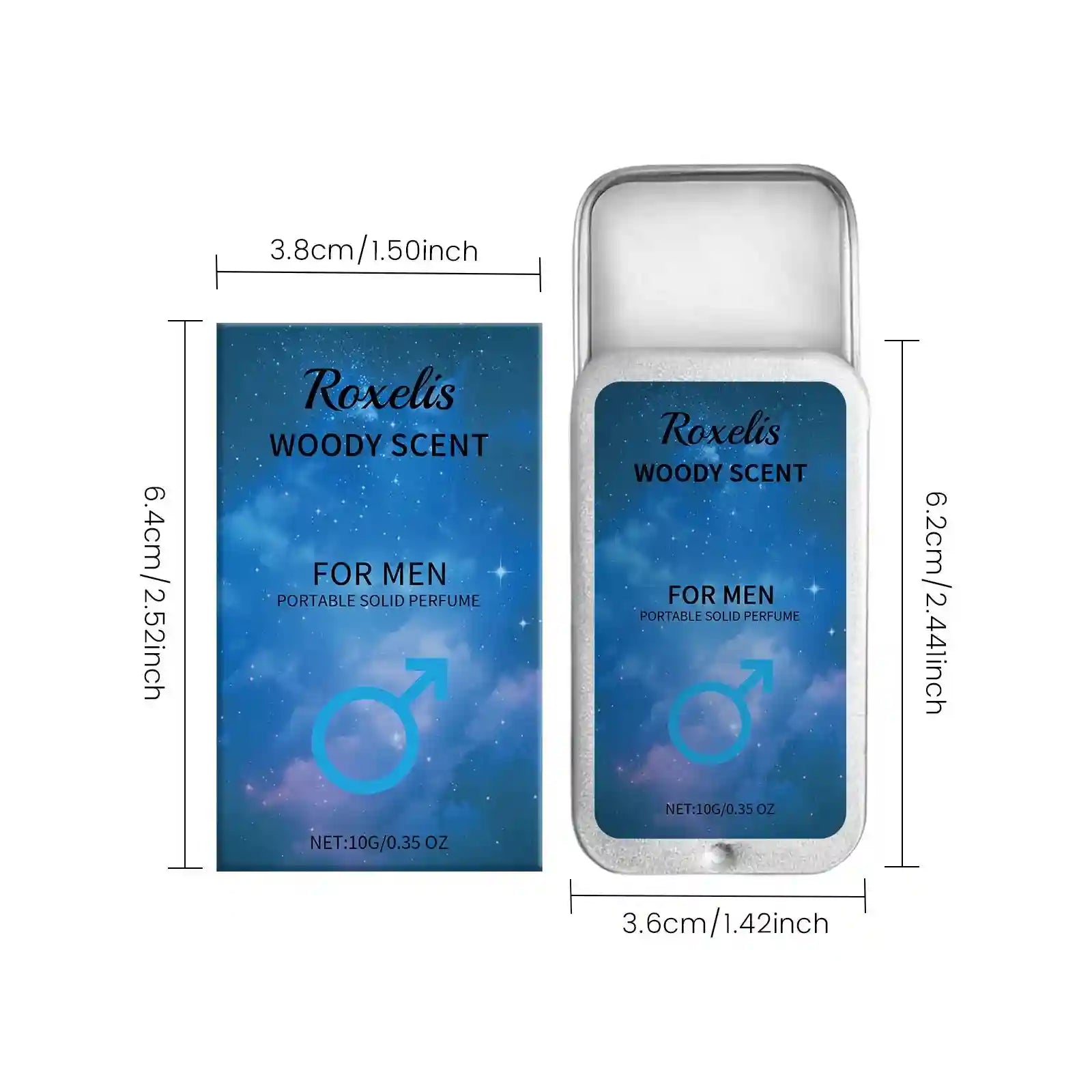 Roxelis woody scent solid perfume for men in portable sliding tin case, long-lasting natural cologne balm, 10g.
