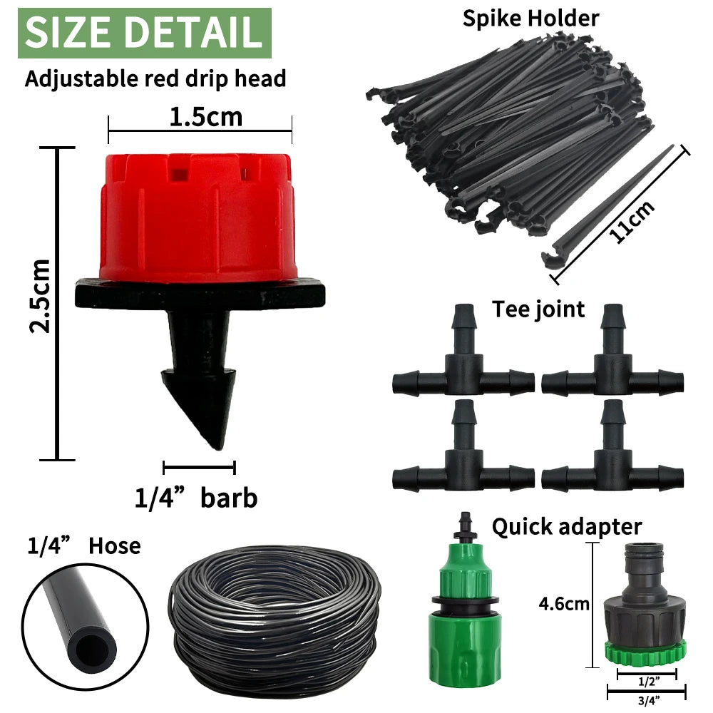 Micro drip kit parts size detail with red dripper head, black spike, tee joints, and green quick adapter