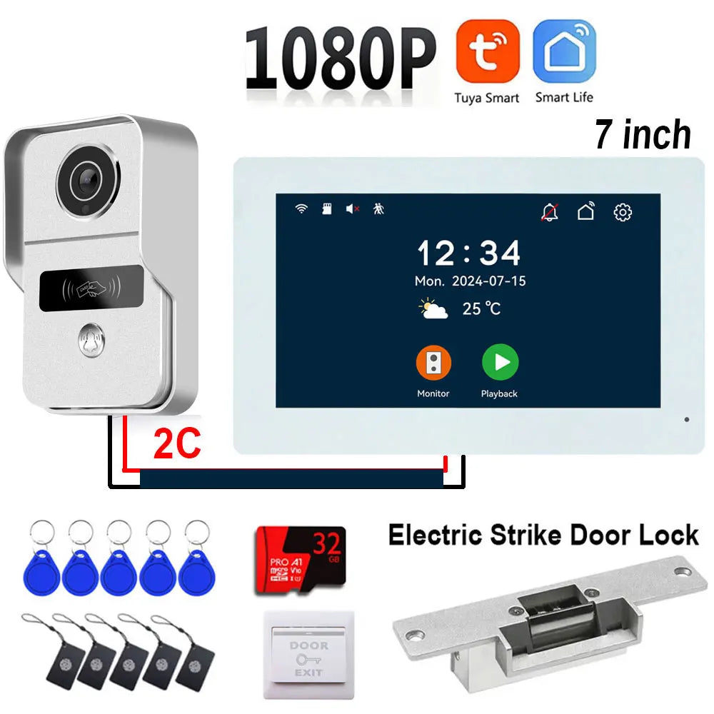 1080P 7/10 Inch Touch Screen 2 Wire Video Doorbell Tuya Home Video Intercom System IC Card APP Unlcok with Electric Strike Lock