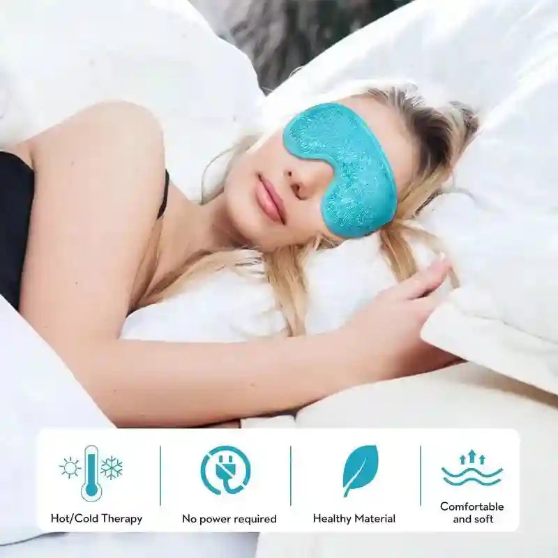 Woman in bed wearing a textured, light blue gel eye mask for hot and cold therapy. Includes icons for product benefits.