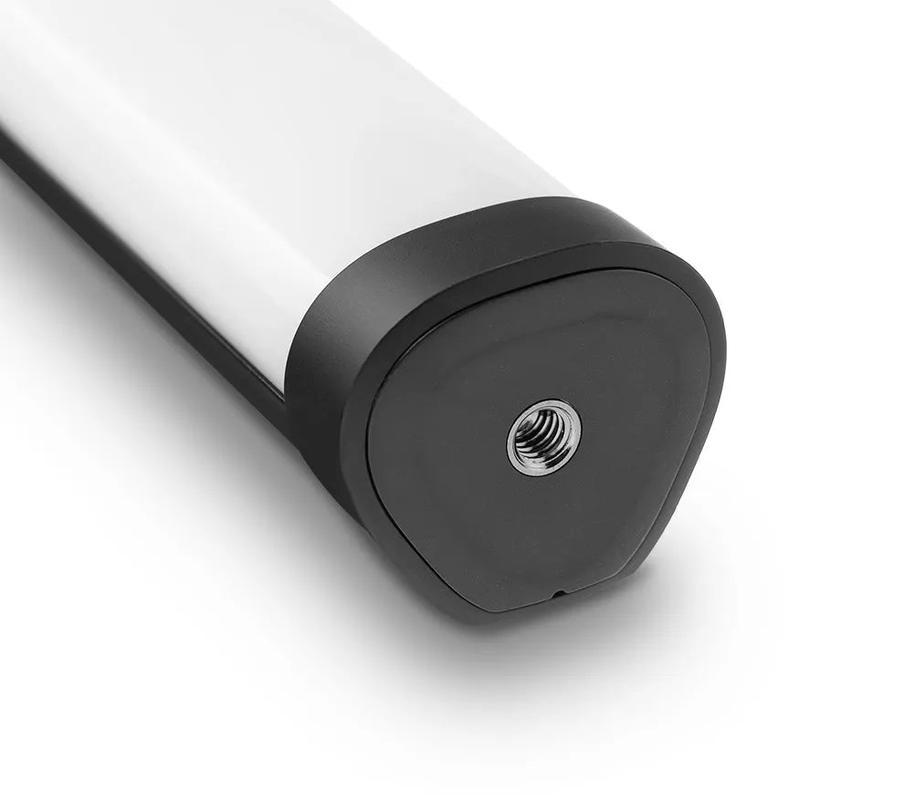 LED light tube end cap featuring a black triangular base with a centered 1/4-inch metal tripod mounting hole.