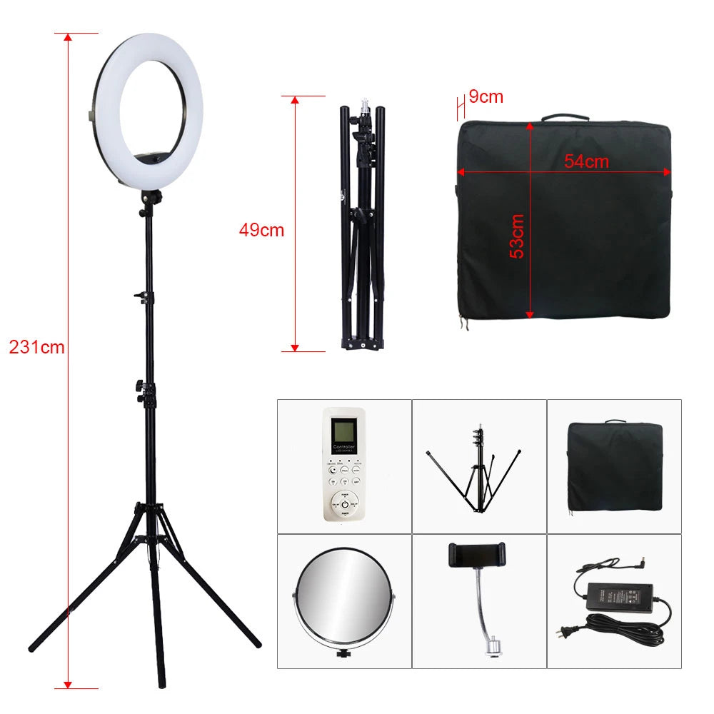LED ring light kit with tripod stand, remote, mirror, phone mount, power adapter, and carrying case for photography.