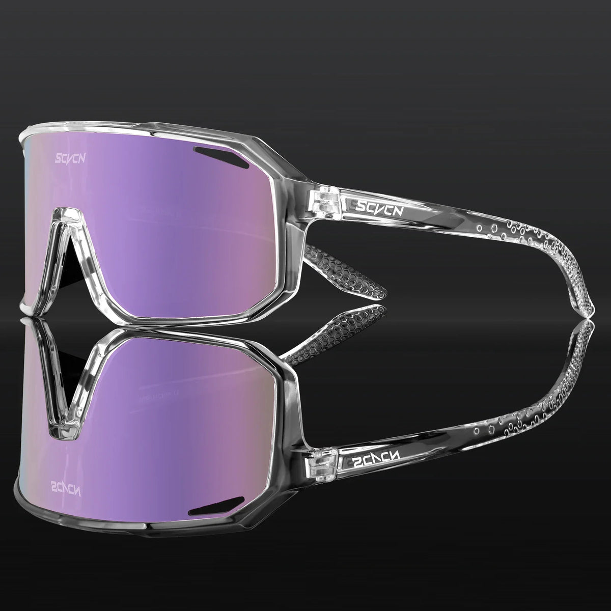 MTB UV400 cycling sunglasses with clear frame and purple mirrored lenses