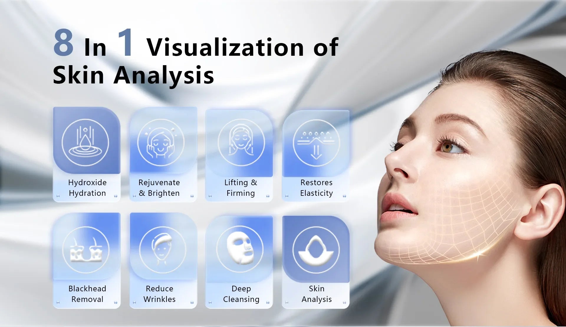 8-in-1 HydroFacial machine infographic showing deep cleansing, skin lifting, and hydration analysis for spa devices.
