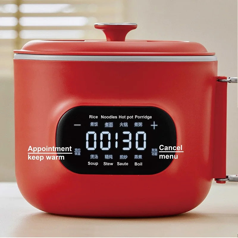 Red electric cooking pot front view with digital display and menu buttons on control panel