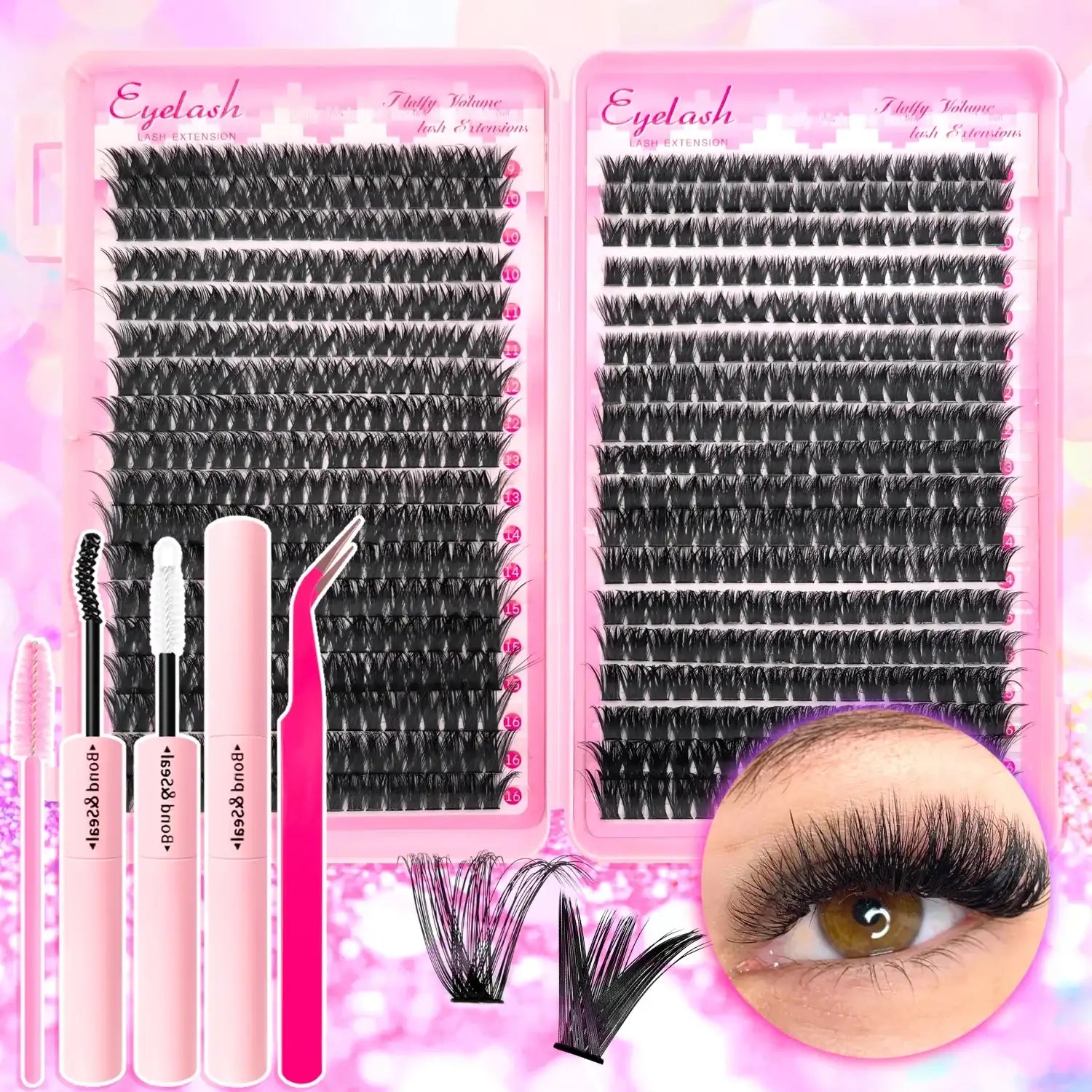 720/200pcs eyelash Extension Kit Fluffy Eyelash Extension kit with Lash Bond and Seal Lash Tweezers Thick Lash Clusters Wispy False Eyelashes 720PCS 80D 100D KIT Tidesmit