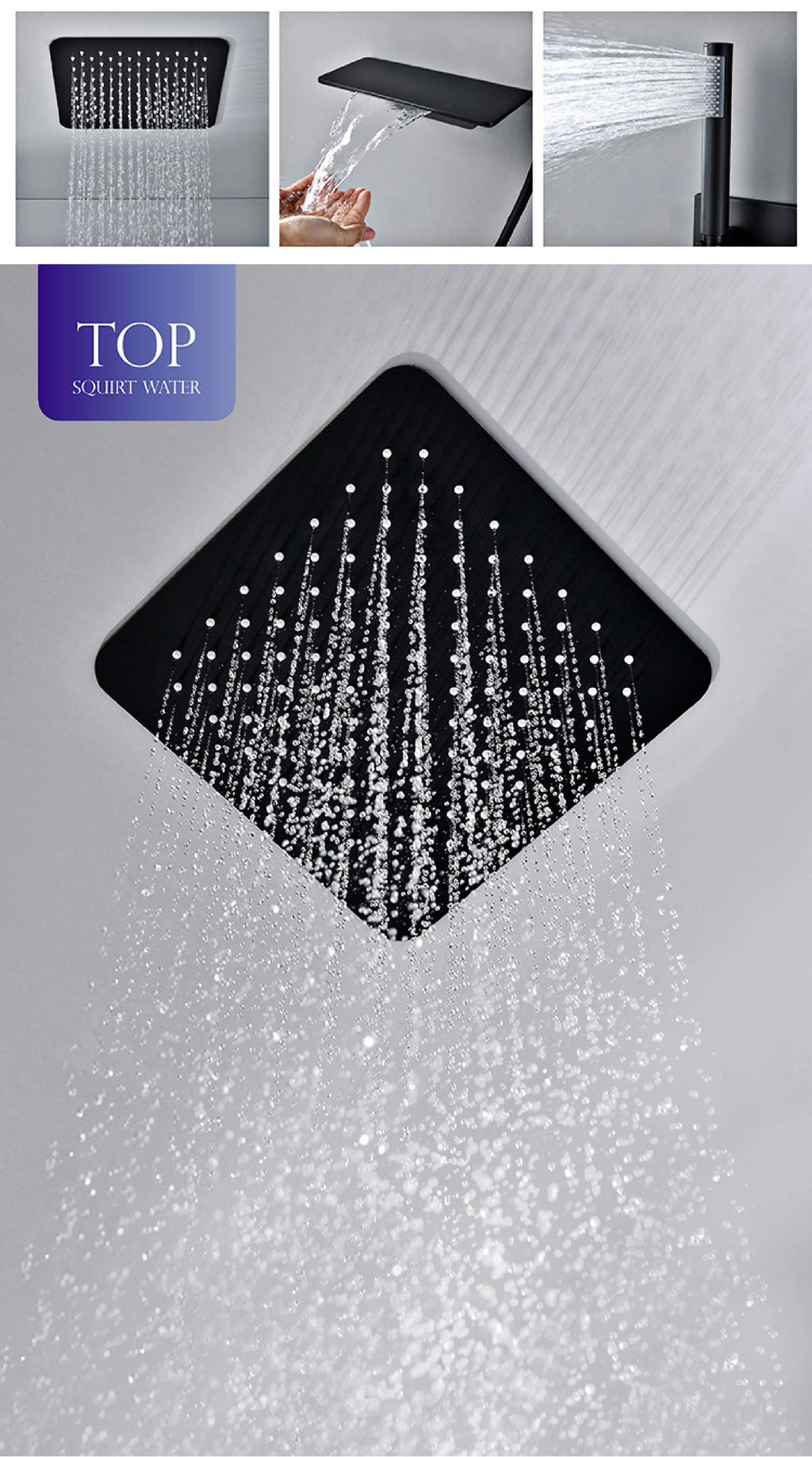 Modern Black Brass Bathroom Thermostatic Ceiling Type Shower System Wall-Mounted 3-Function Waterfall Tap for Cold & Hot Wate