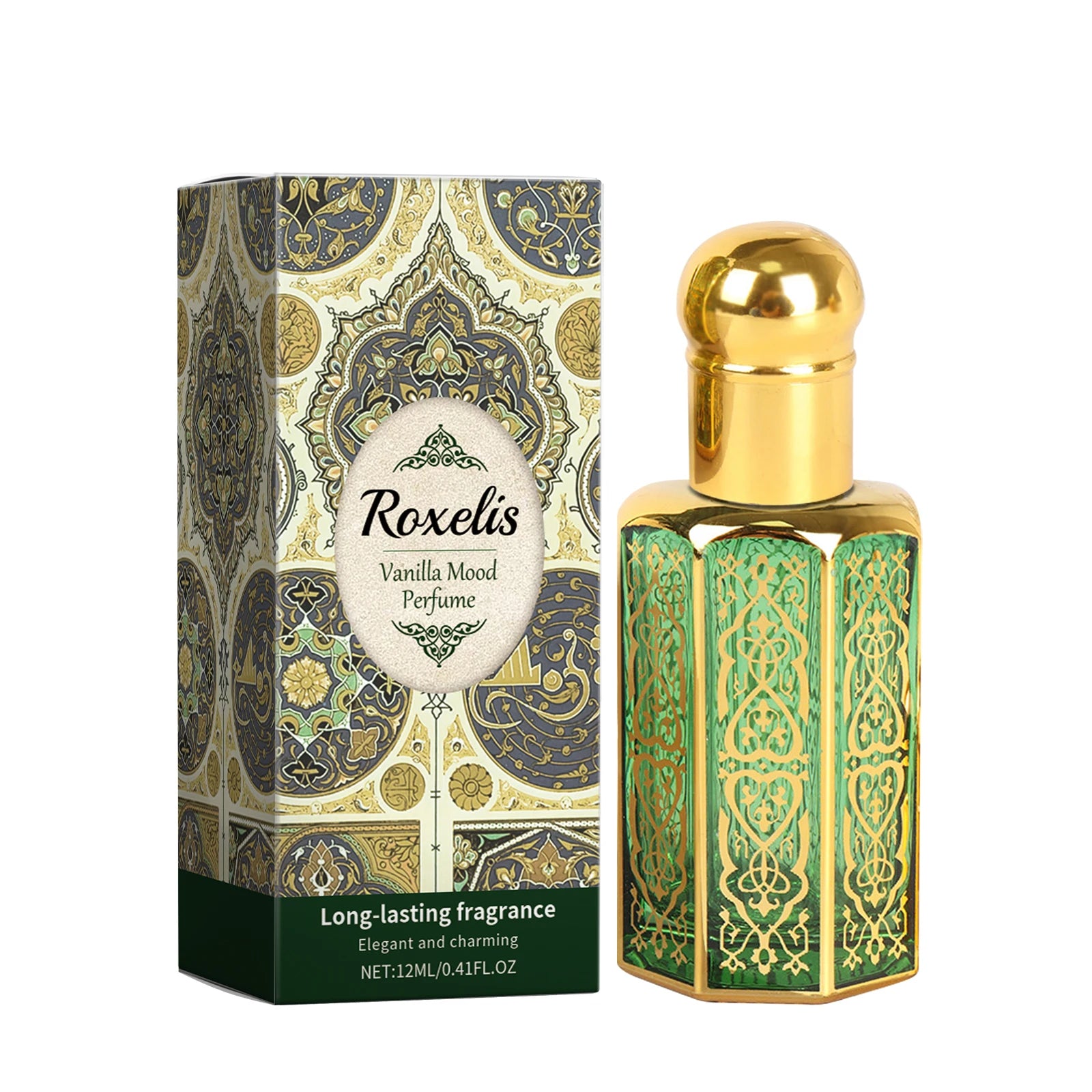 Roxelis Vanilla long-lasting women’s perfume in a decorative green and gold ornate glass bottle with Arab style box.