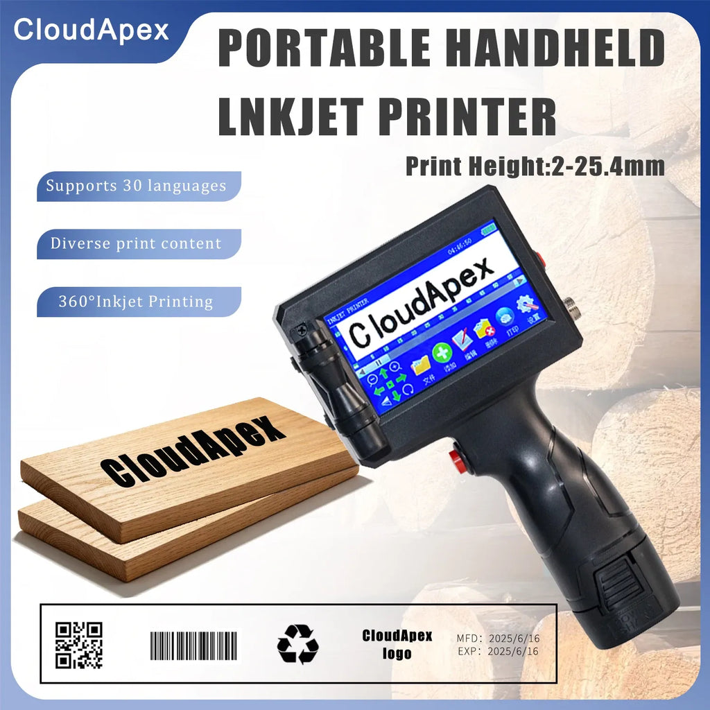 Portable handheld inkjet printer with touchscreen display and QR/barcode labels on screen