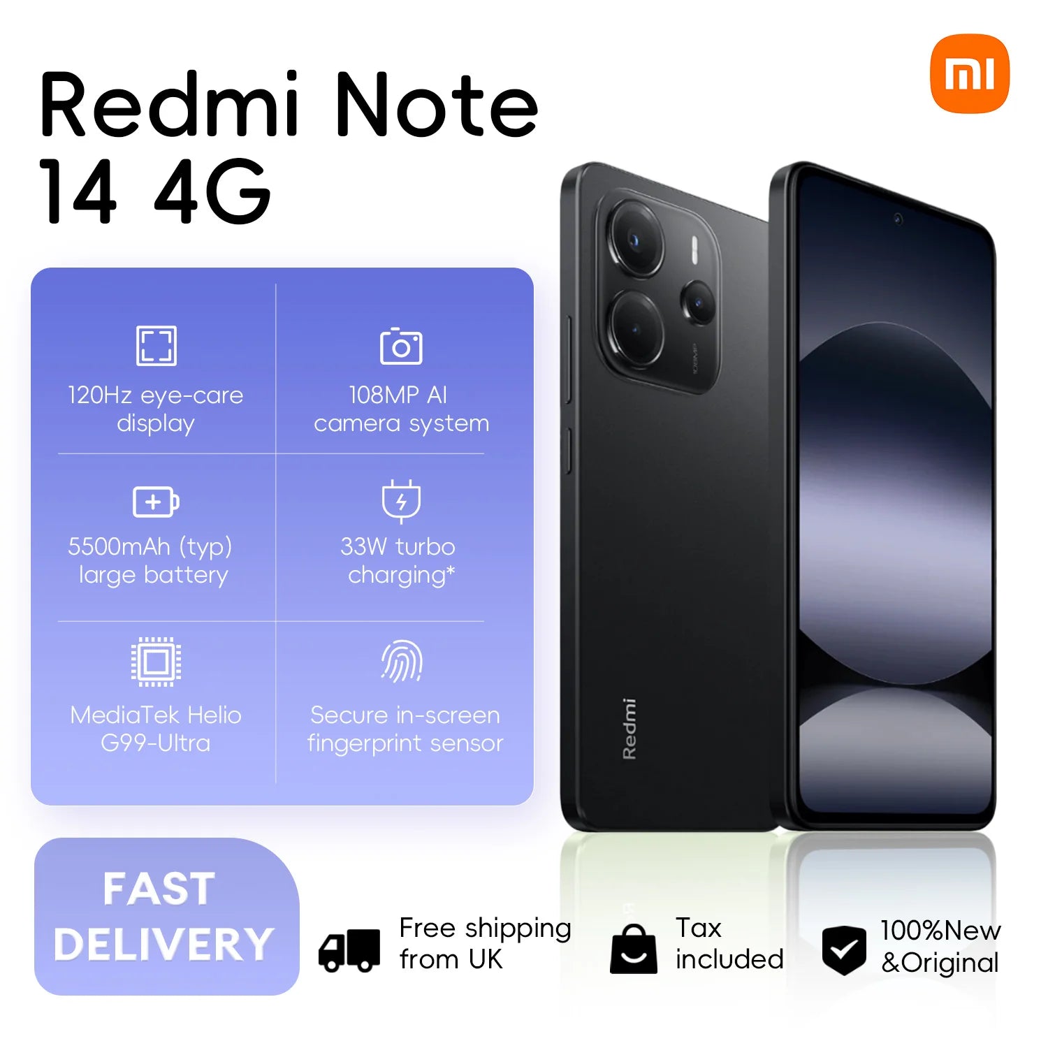 Xiaomi Redmi Note 14 4G 6+128GB 6.67" AMOLED Display 108MP Main AI Camera Helio G99-Ultra 120Hz 5500mAh 33W Turbo Charging NFC