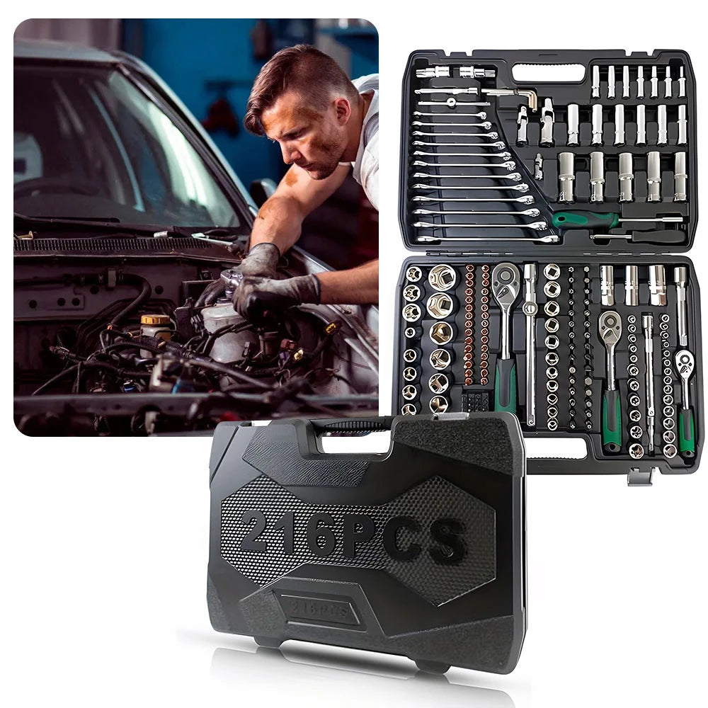 Leekooluu 216PCS 1/4" 3/8" 1/2" Socket Wrench Set with 24-Tooth Ratchet Wrench for Automotive Motorcycle Repair & Household