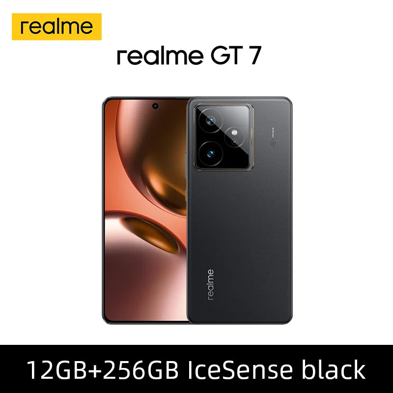 realme GT 7 5G smartphone, IceSense Black, front and back view, Dimensity 9400e, 6.78" AMOLED, triple camera system.