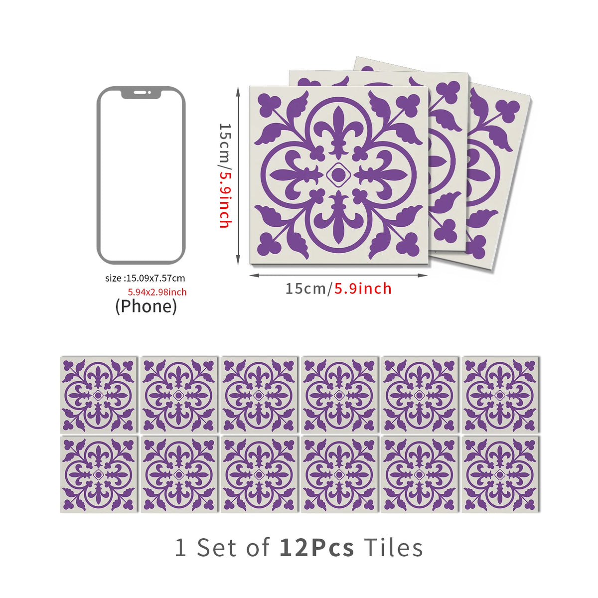 Set of 12 Moroccan peel-and-stick tile stickers, purple with dark plum ornate damask.