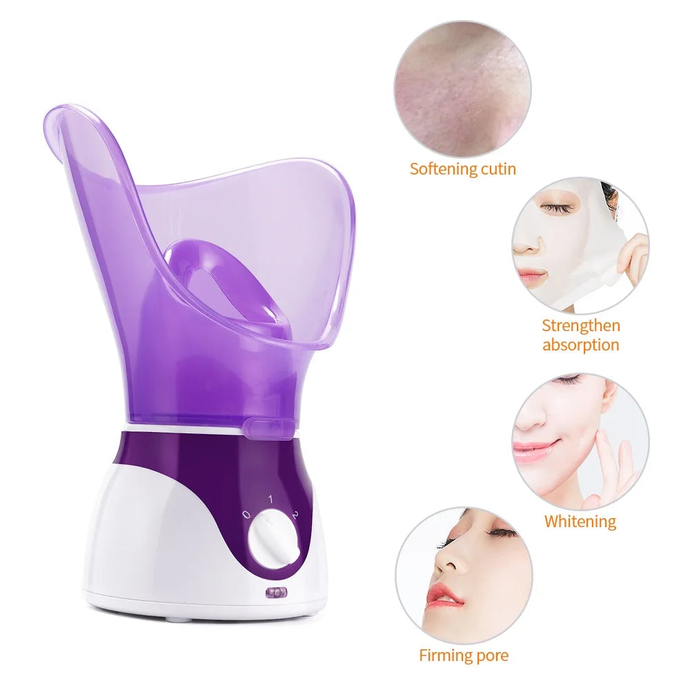 Purple and white facial steamer for home spa, pore cleaning, and skin moisturizing with heat settings.