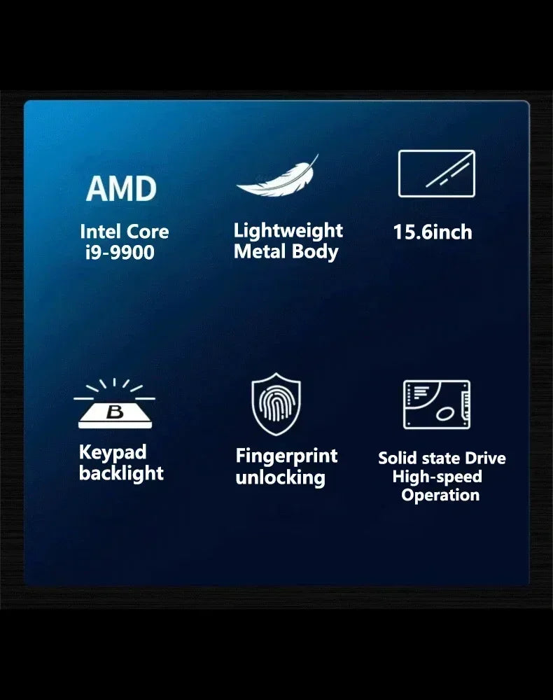 15.6 Inch Ultra Slim Windows 11 Laptop Computer 32GB RAM 512GB 1TB SSD Intel i9 9900 Notebook Gamer 1920x1080 Office PC Max Pro