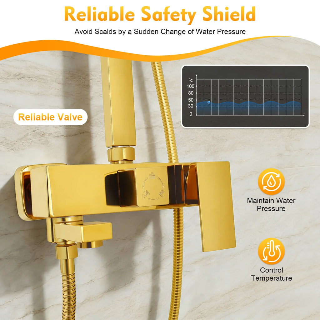 Adjustable Gold Brass Shower Column Set, Rain Shower & Handheld Shower with Stainless Steel Hose, Bathroom Shower Faucet Set