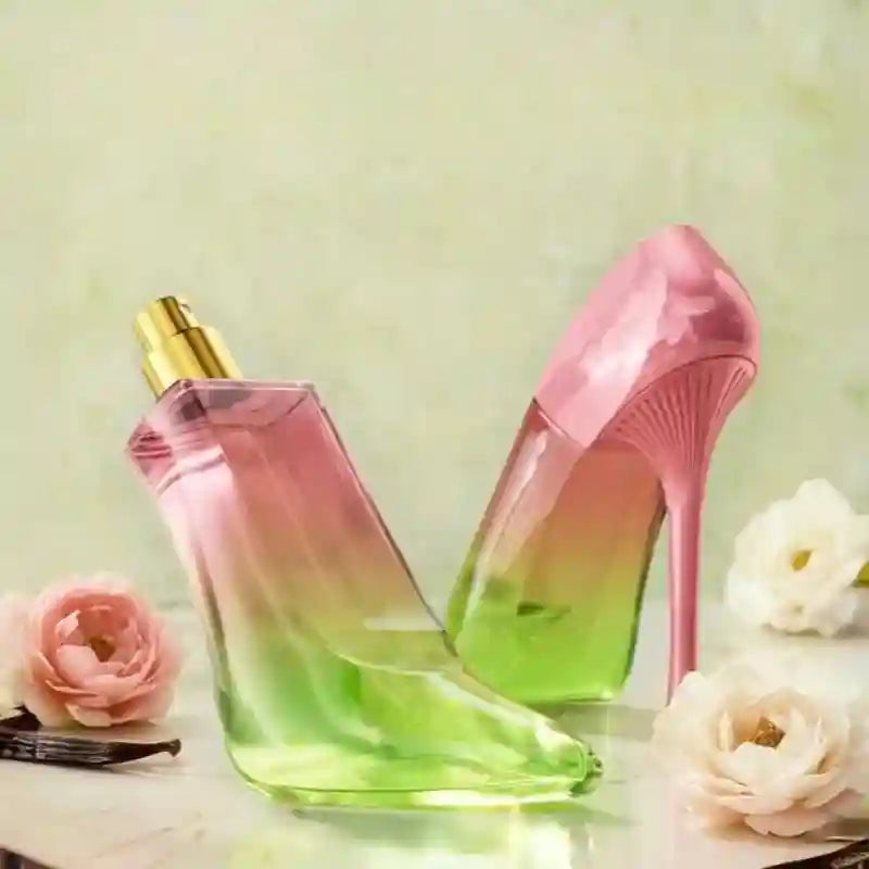 Luxury 50ml women’s musk perfume in pink-green gradient high heel bottle. Long-lasting floral scent, elegant design.