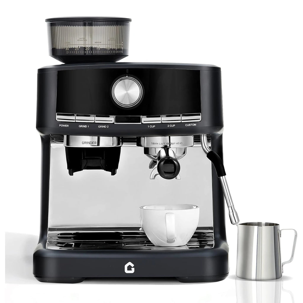 Gevi black espresso machine with built-in grinder, 58mm group head, steam wand, coffee cup, and steel milk pitcher.