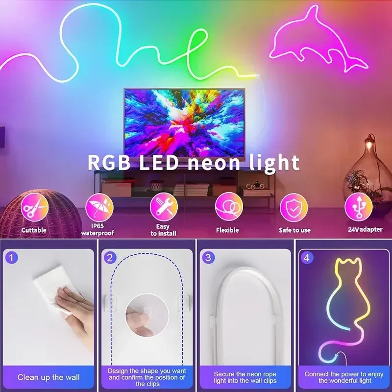 DC24V RGB LED Neon Rope Lights App Remote Control Waterproof Neon Light Strip Flexible Led Strip Lights for Indoor Outdoor Decor