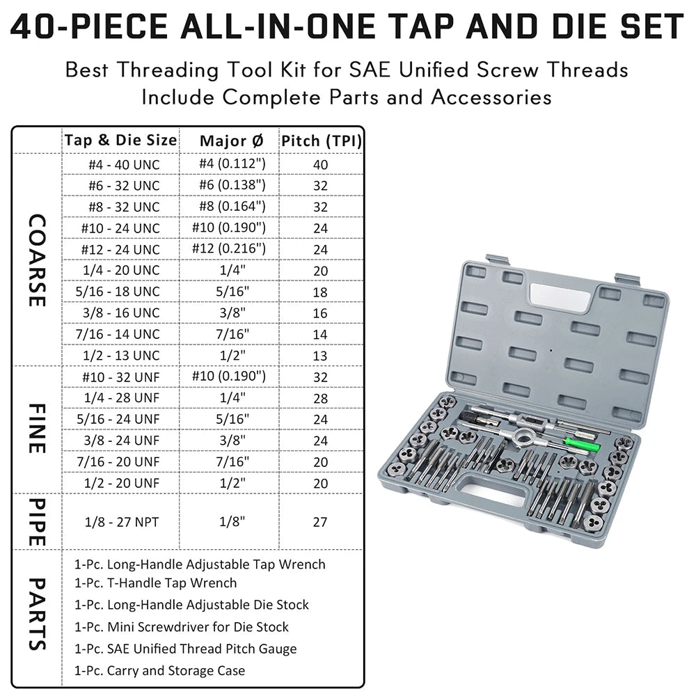 Podofo 40Pcs Tap and Die Set Metric Size M3-M12 Hand Threading Tool Kit for Metal Working Thread Repair Tool