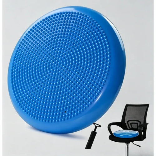Anti-burst balance pad, blue smart yoga mat cushion for fitness and home pilates workout with air pump and office chair.