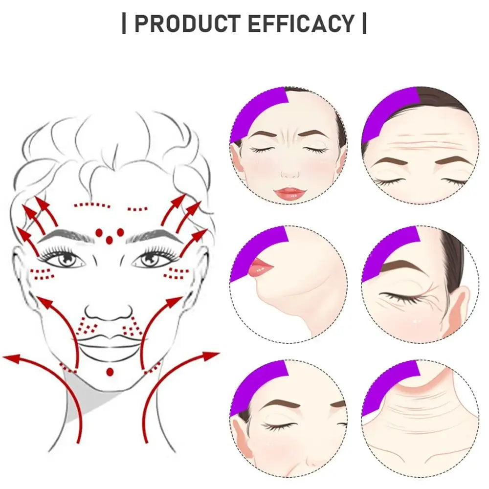 A diagram showing how to apply anti-wrinkle face tape with red directional arrows and before-after skin comparison.