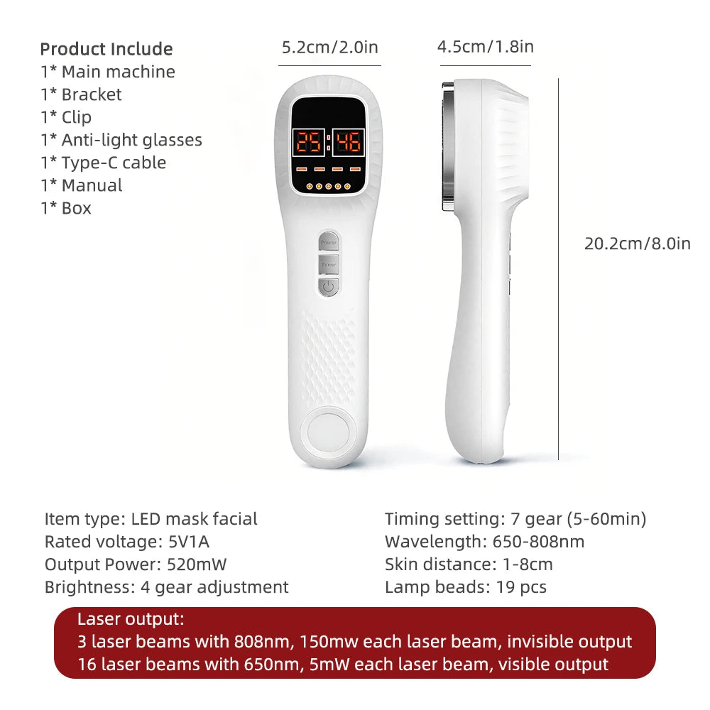 White handheld red light therapy device shown from front and side with digital display, buttons, and dimensions.