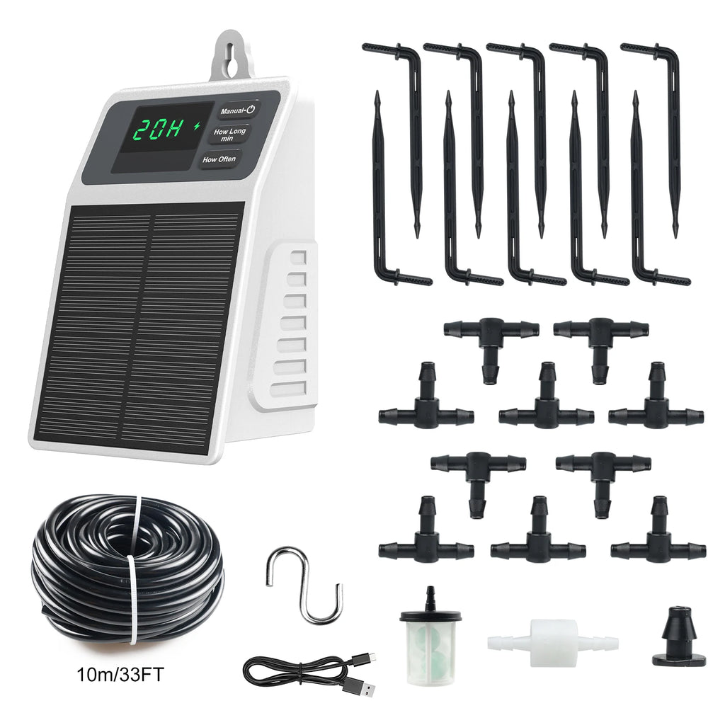 Solar irrigation controller panel with drip stakes, connectors, and 10 m tubing set
