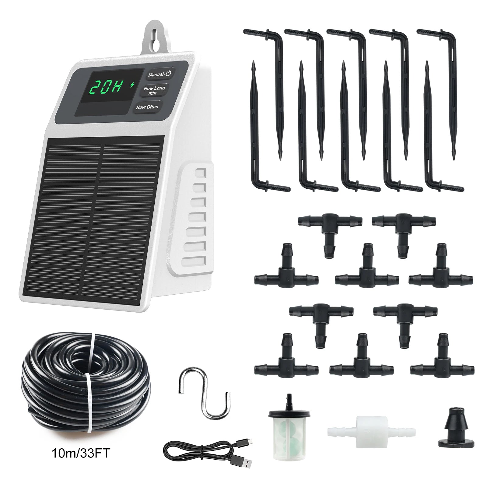 Solar irrigation controller panel with drip stakes, connectors, and 10 m tubing set