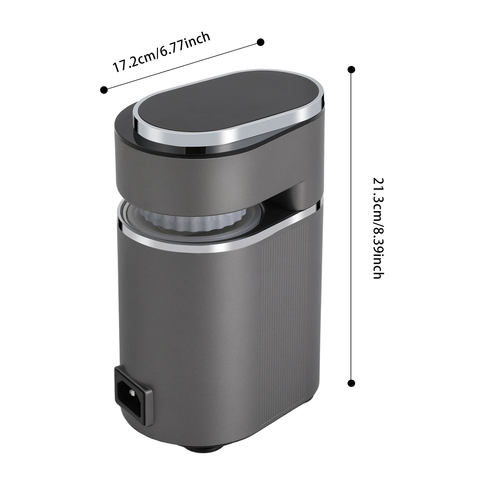 Compact dark gray electric coffee grinder with dimensions 17.2cm x 21.3cm, sleek modern design with silver trim.