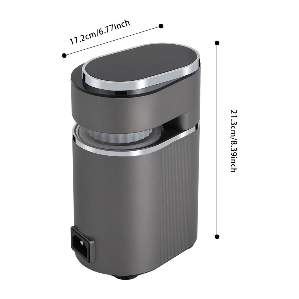 Dark gray electric coffee grinder with silver trim, 17.2cm by 21.3cm dimensions, modern compact design.