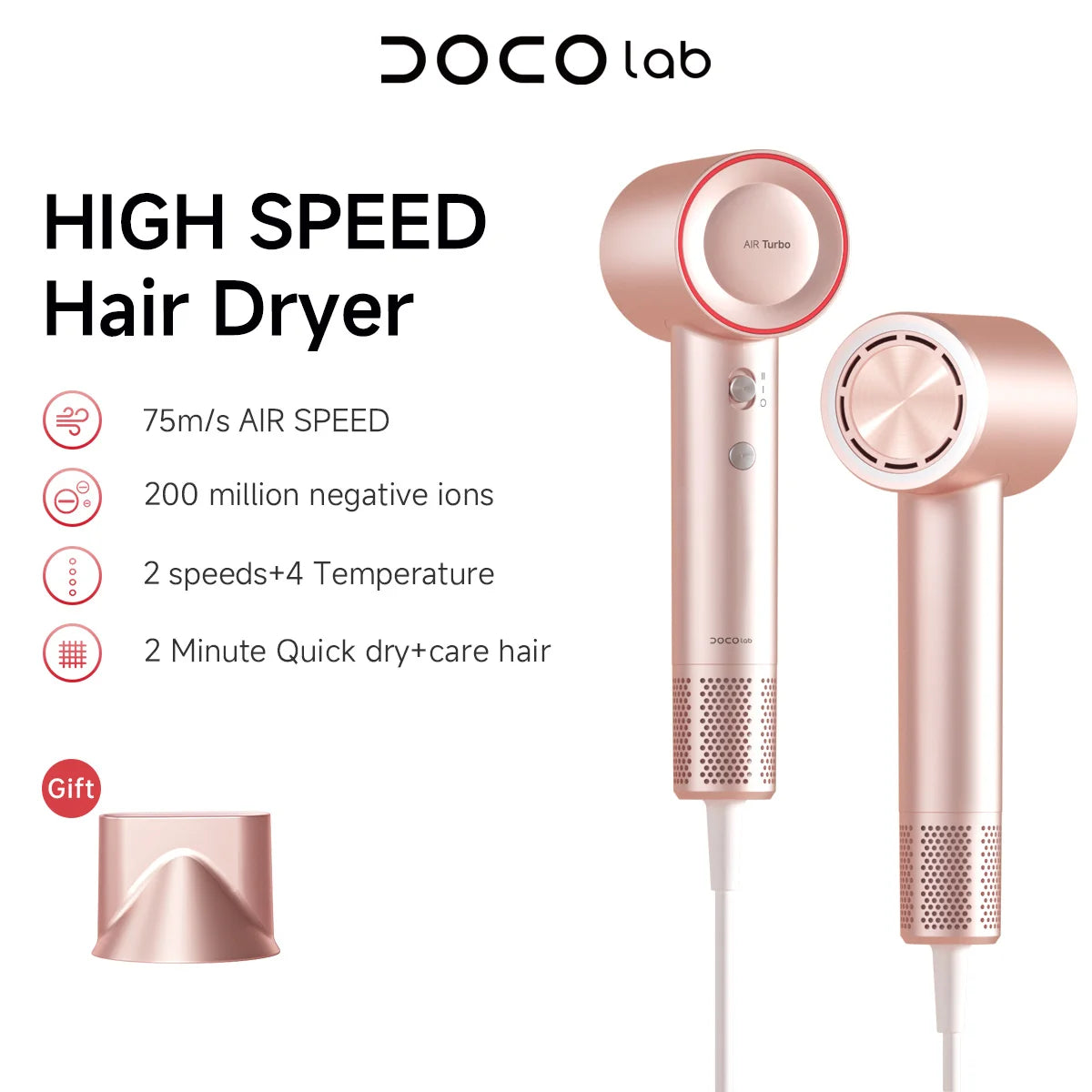 DOCO rose gold high-speed hair dryer with nozzle attachment, 200M negative ions, and professional quick-dry technology.