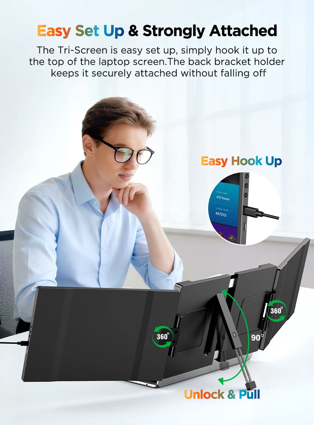 UPERFECT First 2K 14' Tri Screen Laptop Monitor Extender Triple Display 360° Rotatable Attachable Portable Monitor for Laptop