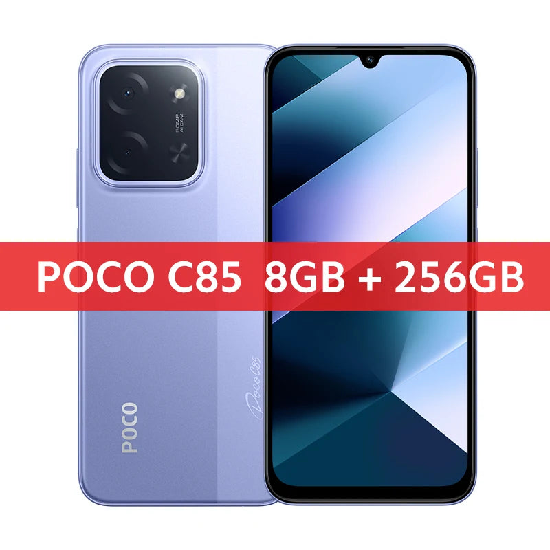 POCO C85 purple smartphone, 8GB/256GB, 50MP AI camera, front and back views, 6.9-inch display, Helio G81-Ultra.