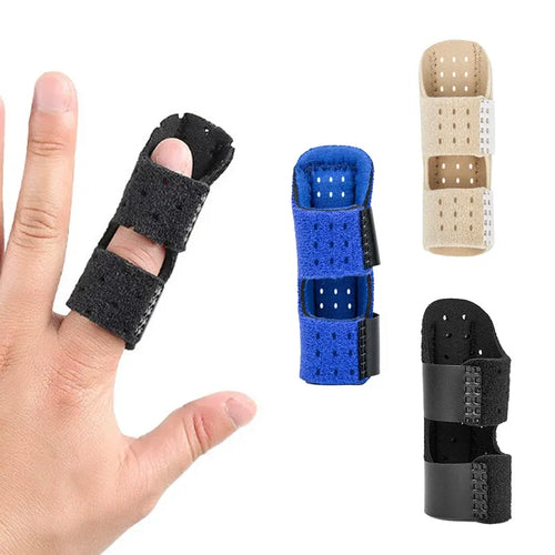 Black, blue, and beige perforated finger support braces for pain relief and orthopedic finger injury immobilization.
