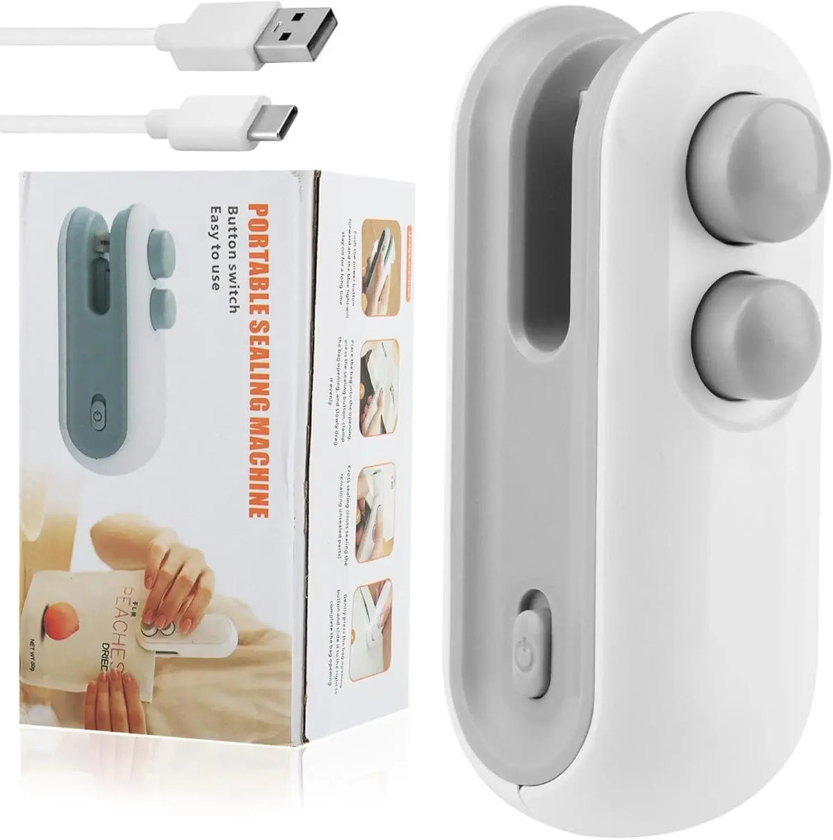 Handheld mini vacuum sealer, white body with two top buttons and Type‑C charging port