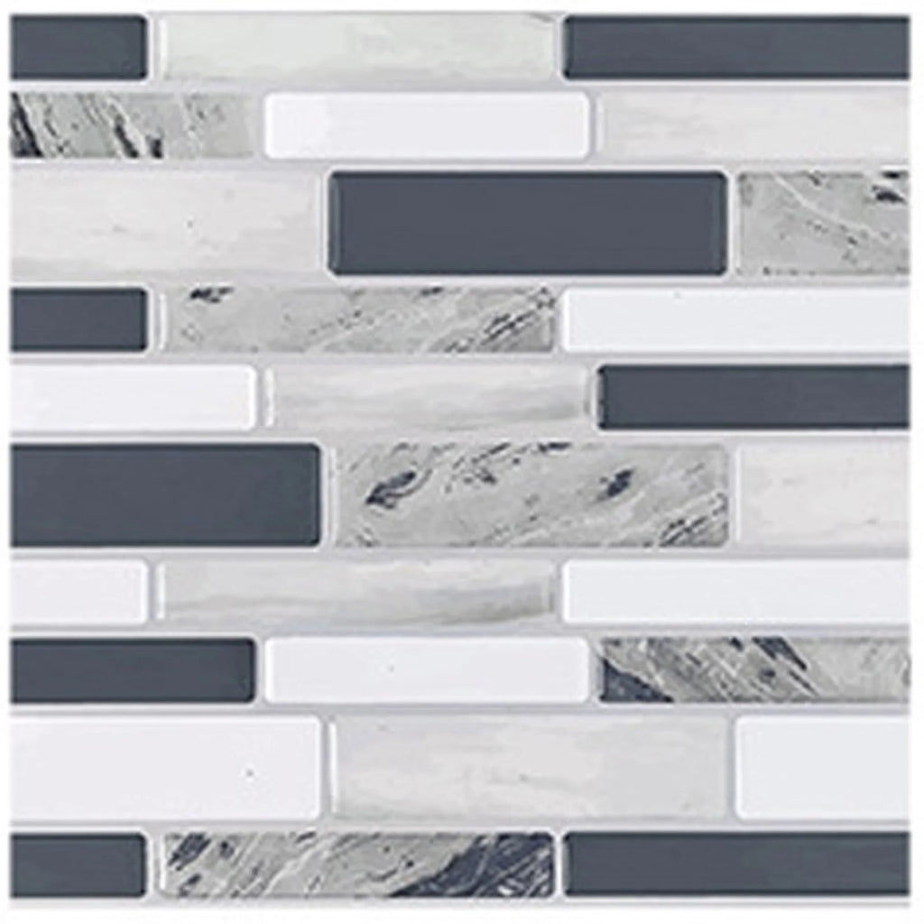3D mosaic tile wall sticker sheet with white and dark gray rectangular brick blocks.