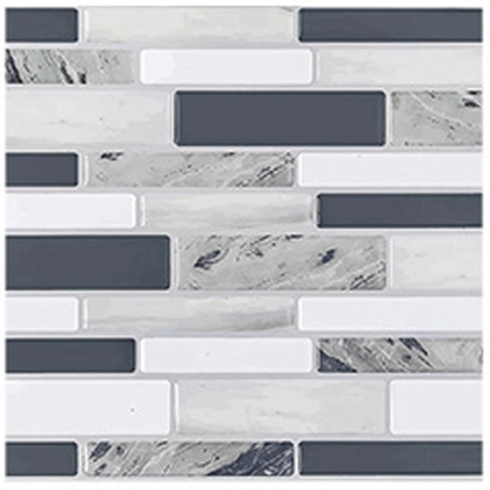 3D mosaic tile wall sticker sheet with white and dark gray rectangular brick blocks.